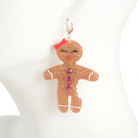 Glitter Mr. & Mrs. Gingerbread Earrings Girly Christmas Jewelry Betsey Johnson - Picture 2 of 2